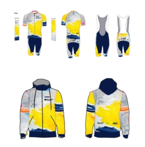 Designvarianten der „Coming Home – Art in Motion“ Kollektion nach einem abstrakten Gemälde von Susanne Herbold, umgesetzt als Radsportbekleidung