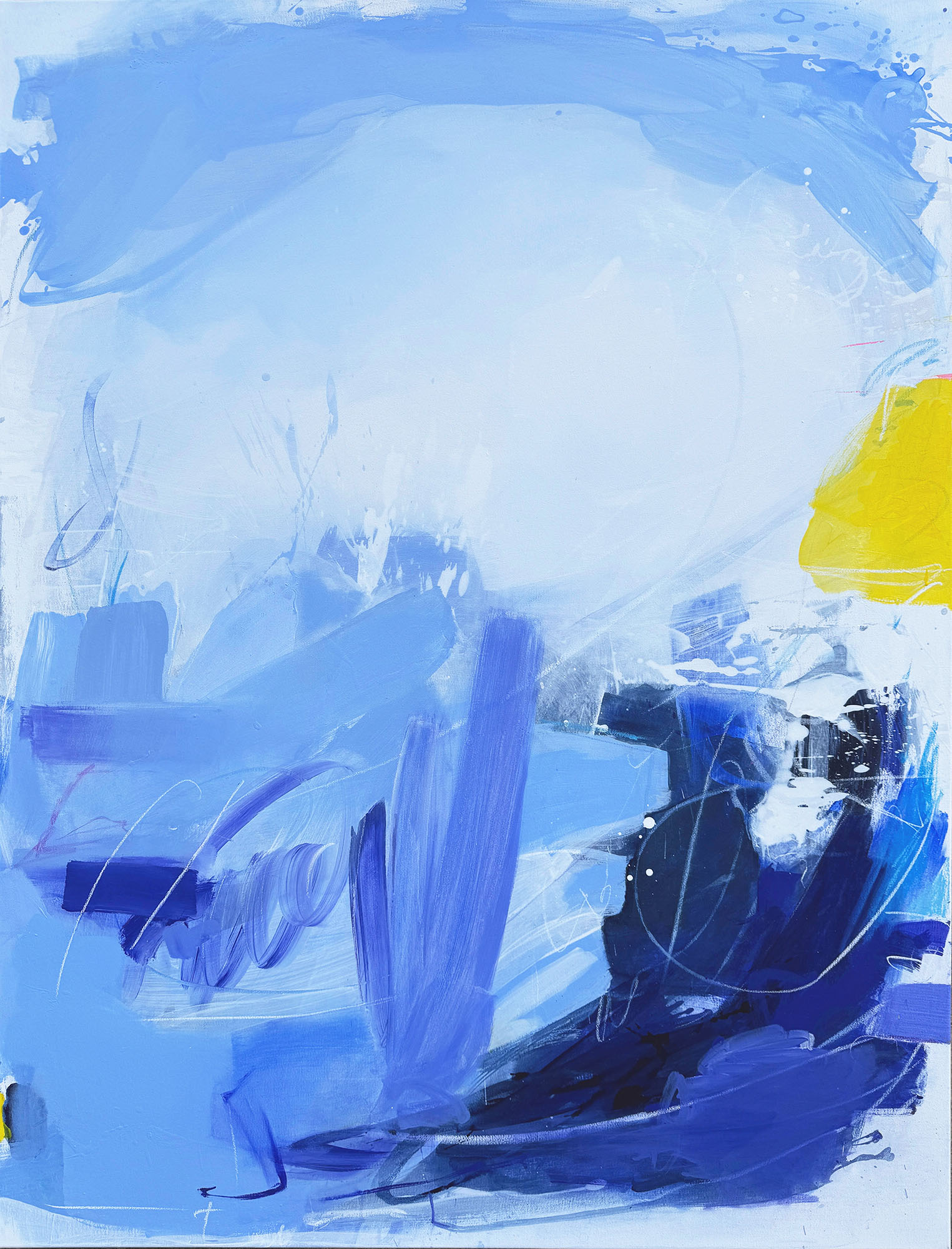 Abstraktes Gemälde in Blau- und Weißtönen mit gestischen Pinselbewegungen und transparenten Farbschichten auf Leinwand