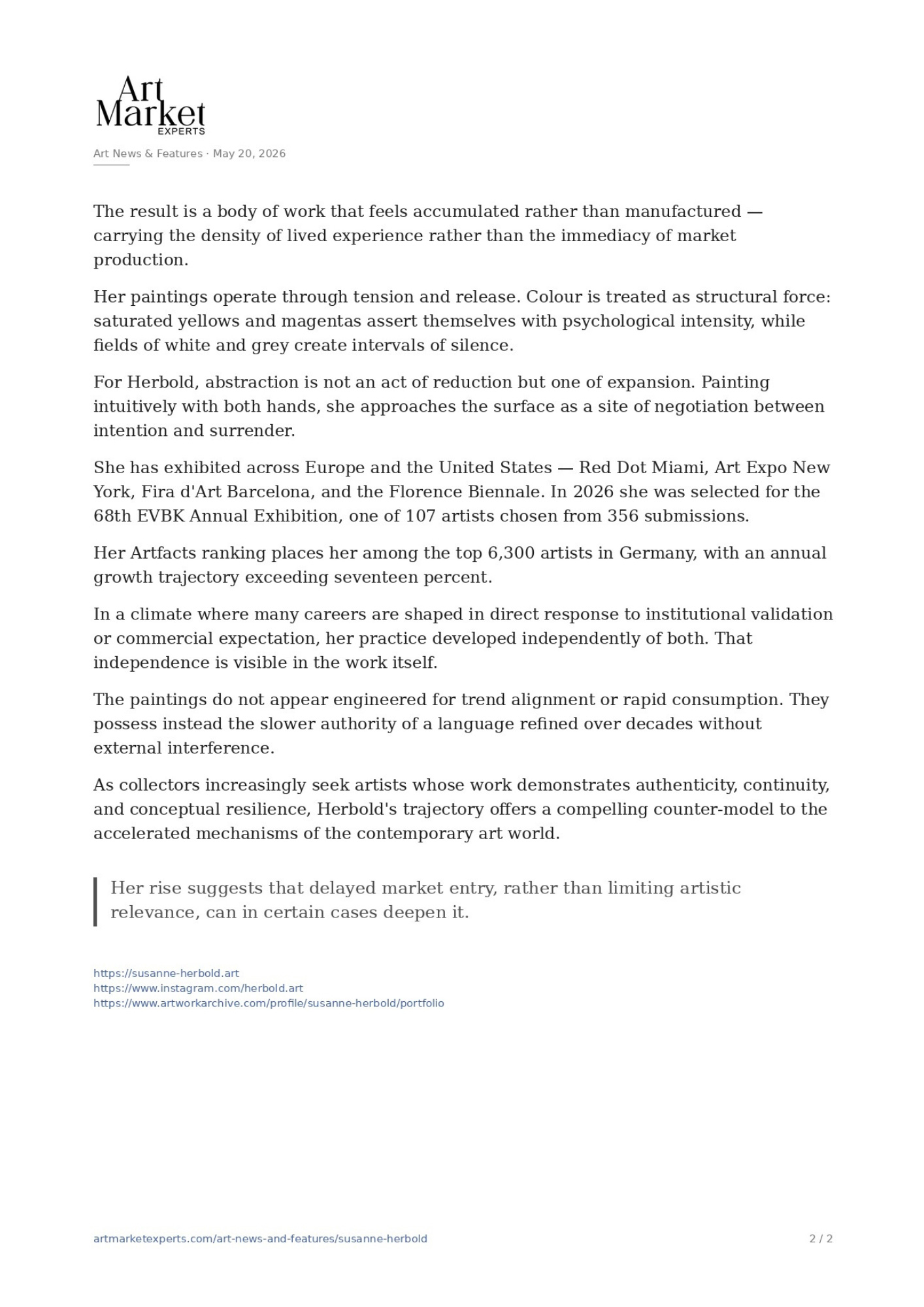 Presseartikel: Susanne Herbold – The Power of a Fully Formed Artistic Voice, Art Market Experts 2026, Seite 2