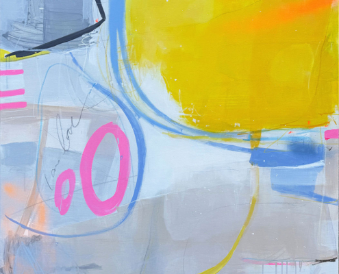 No Expectations 2.0 – abstraktes Gemälde von Susanne Herbold, zeitgenössische abstrakte Malerei auf Leinwand mit rosa und blauen Farbfeldern, 2025, 160 x 120 cm