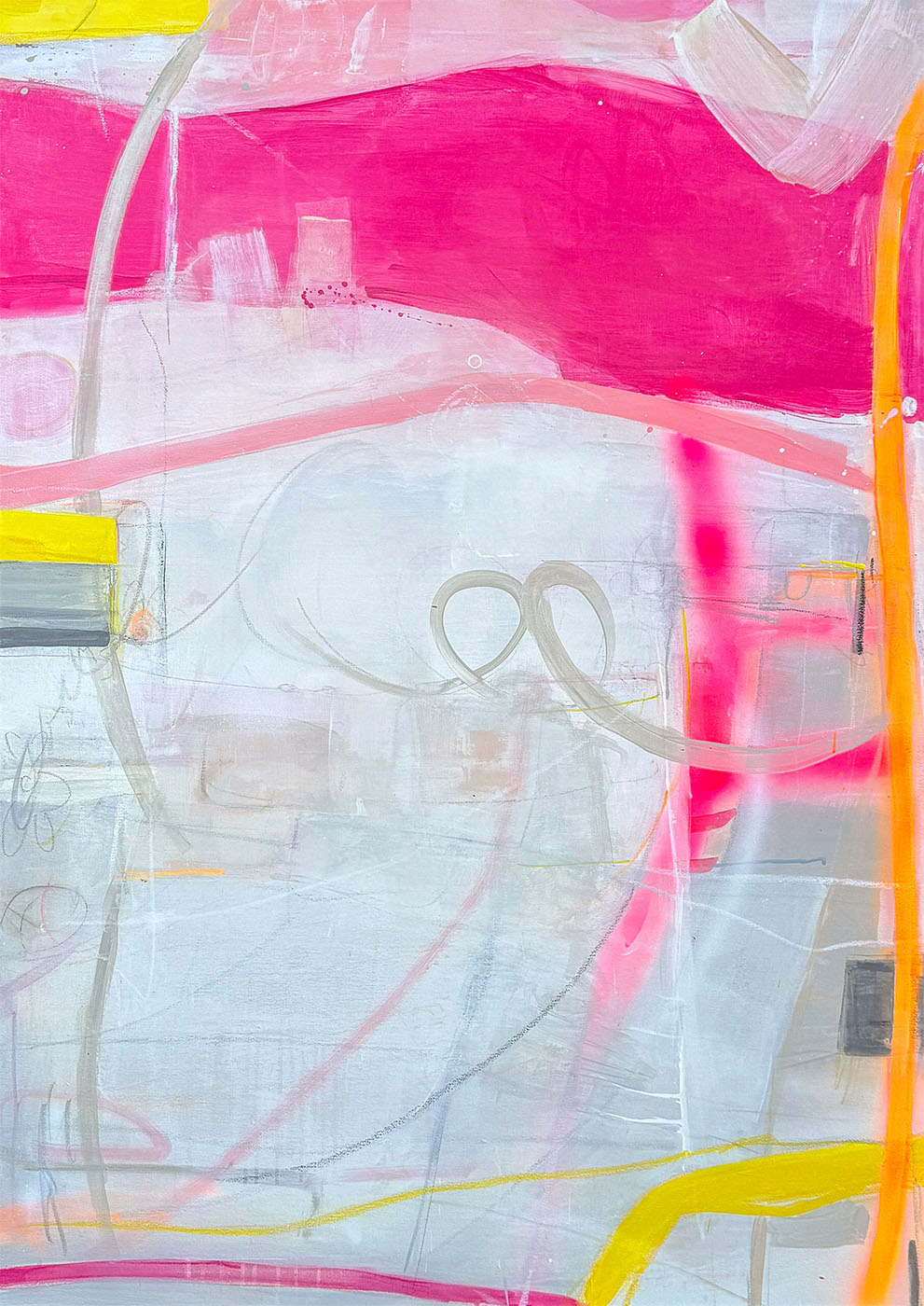 Abstraktes Gemälde „Pretty in Pink 2.0“, 2025, 140 × 100 cm, Acryl auf Leinwand, mit rosa, gelben und hellen Farbfeldern sowie gestischen Pinselspuren von Susanne Herbold.